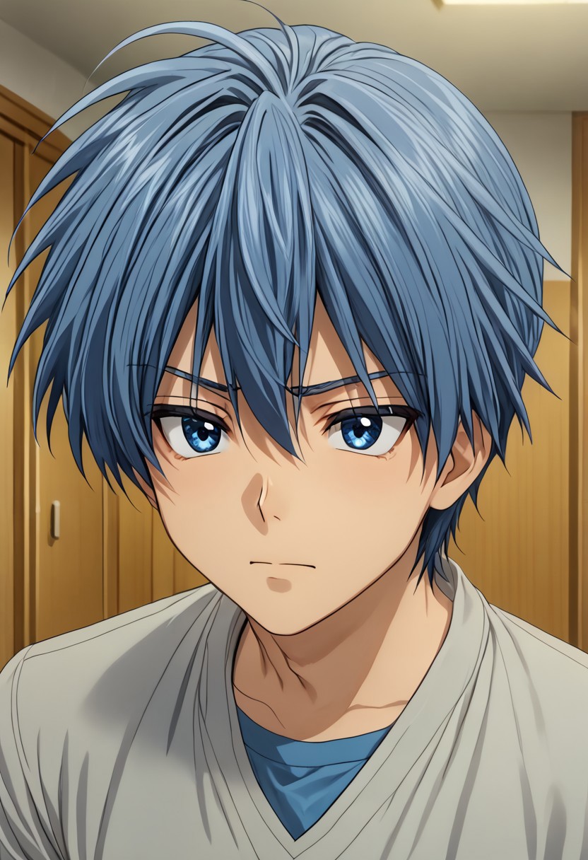 high resolution, solo, best quality, 1Boy, Tomoya Okazaki, Grey Blue Hair, blue eyes, Talking animatedly, expressive, engaged, lively,