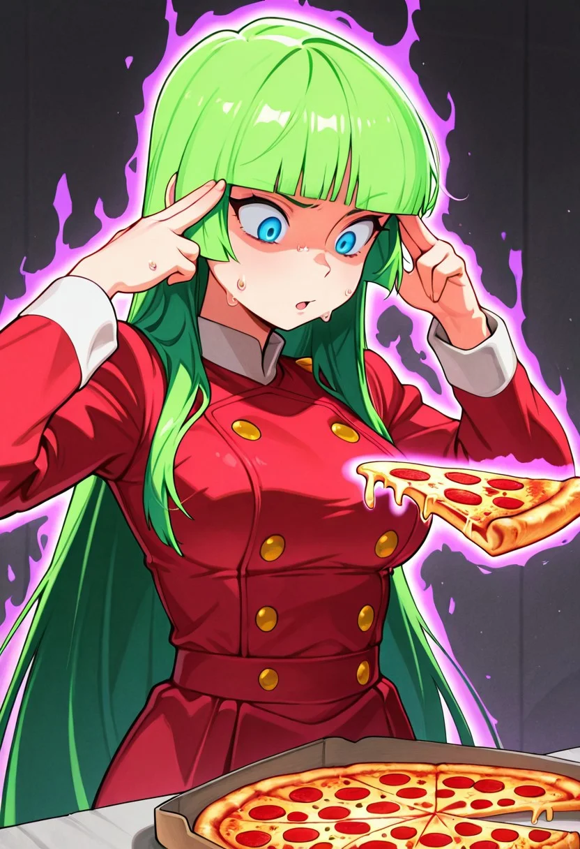 pizzakinesis, PKMNSabrina levitating pizza (meme), pizza slice, floating food, fingers to head, looking at pizza slice, stringy cheese, focused expression, stressed,
PKMNSabrina, blue eyes, 1girl, long hair, very long hair, green hair, blunt bangs, hime cut, short dress, red deess, long sleeves, double-breasted, buttons, breasts,
solo, sweat drop, looking down, pizza slice has glowing purple aura,
upper body, masterpiece, best quality, amazing quality
