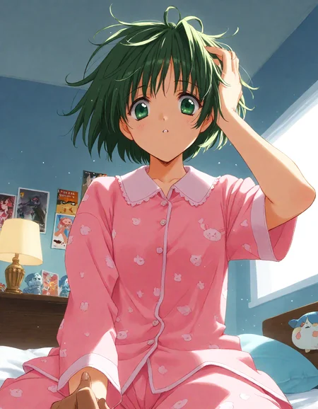score_9, score_8_up, score_7_up, masterpiece, best quality, absurdres, official art, official style, (anime coloring, anime screencap, megami magazine, flat color:1.3), zPDXL2, zPDXLxxx,
<lora:Nanase_Aoi_Style_Pony_v1:1.0>, 1girl, solo focus, Nanase_Aoi_Style, (early_nanase:1.3)
bedroom, on bed, bed sheet, dim lighting, light particles, (from below:1.3), looking at viewer, dutch angle,
, pov hands, parted lips, out of frame, :3, green eyes, tic-tac-toe, pink eyes, pov, pajamas, frown, indoors, green hair, sitting, bed, bob cut, holding finger, poster (object), hand on own head, messy hair, pink pajamas, short hair