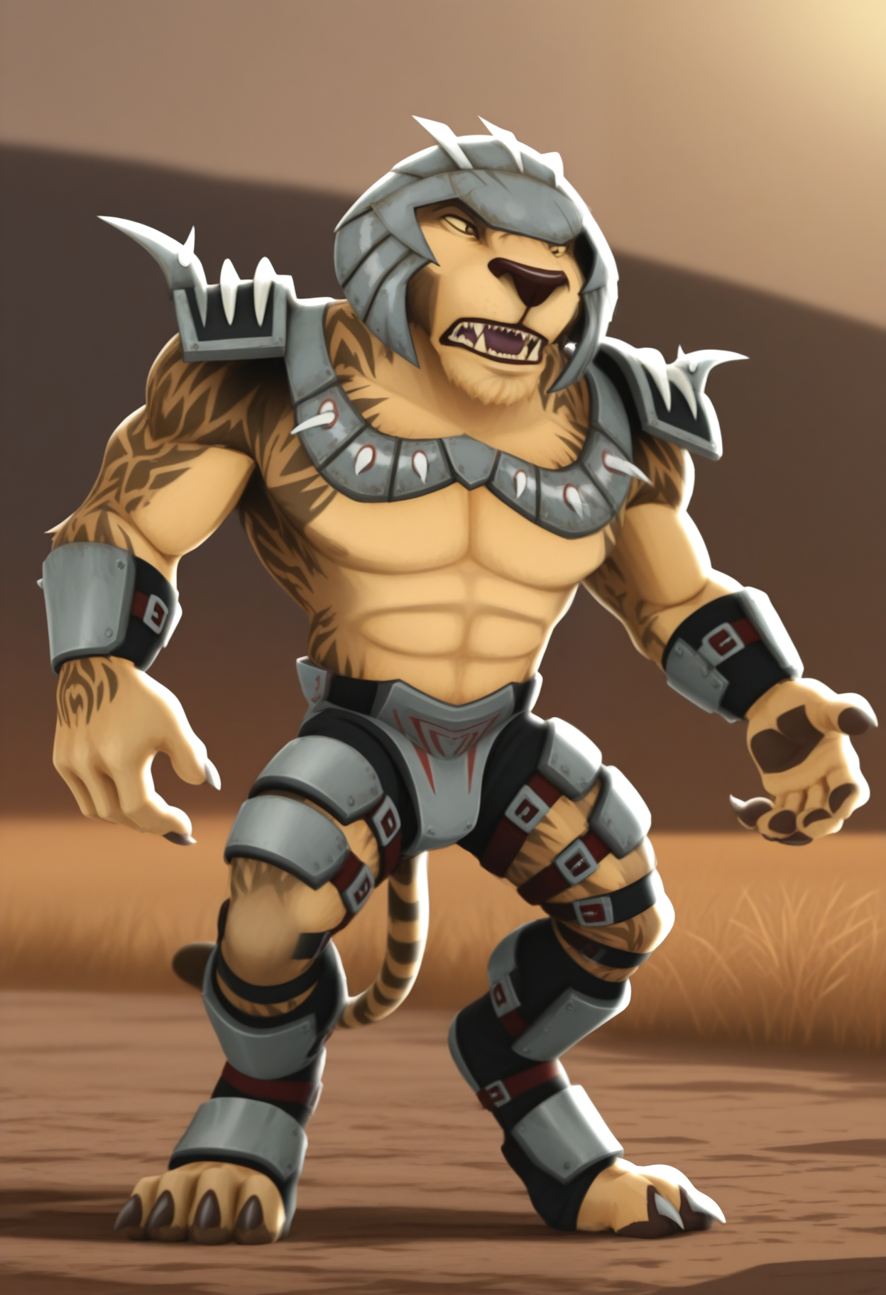 masterpiece,best quality,amazing quality, 1boy, solo, k4lus, tiger, brown fur, body markings, helm, spiked pauldrons, spiked chest armor, bracer, crotch plate, black bottomwear, thigh straps, black leggings, shin guards, leg belts, full body, outside,