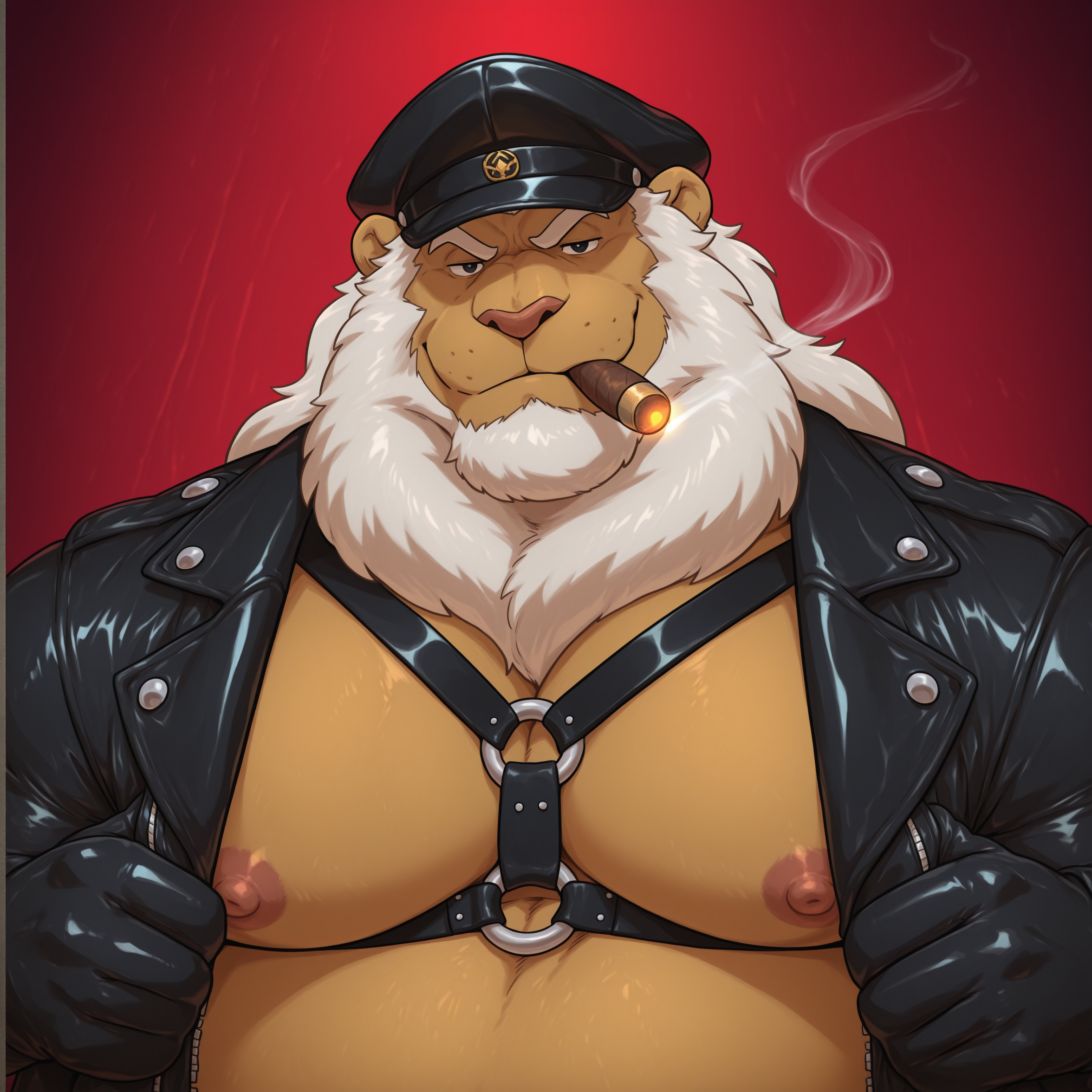 safe_pos, 
BREAK
solo, anthro, furry, male, old, wrinkled skin, lion, white hair, long hair, 
barazoku, manly, muscular, stubby body, musclegut, 
black eyes, smirk, looking at viewer, bust portrait, smoking cigar, 
leather harness, black gloves, leather jacket, leather cap, 
BREAK
red room, standing, posing for picture, 
BREAK
<lora:grisser_IL:0.8>, 9r1553r,