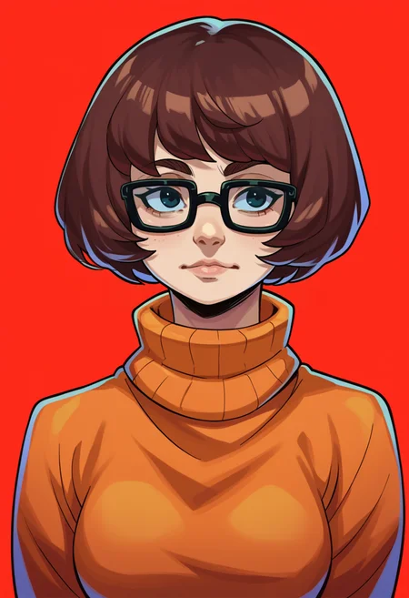 score_9, score_8_up, score_7_up, BREAK <lora:hades-guy-PONYv1:1>, shadow, portrait, red background, 1girl, solo, velma dace dinkley, turtleneck sweater, glasses, orange sweater,