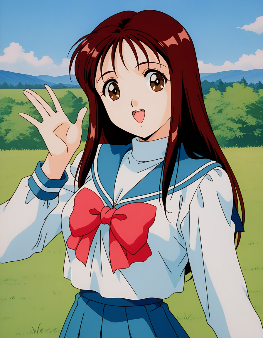 general,highres, ultra-detailed,very aesthetic,best quality ,best hands,  BREAK <lora:Arisa_Seijuden_IS:1> Arisa, 1girl, solo, long hair, bangs, brown hair, red hair, brown eyes, breasts, 1990s \(style\),anime coloring,
solo, school uniform, serafuku, sailor collar, long sleeves, skirt, open mouth, smile, blue sailor collar, bow, :d, blue skirt, 
winter uniform, red bow, pleated skirt, simple background, shirt, white shirt, bowtie, upper body, looking at viewer, turtleneck,
day,  sky, grass,