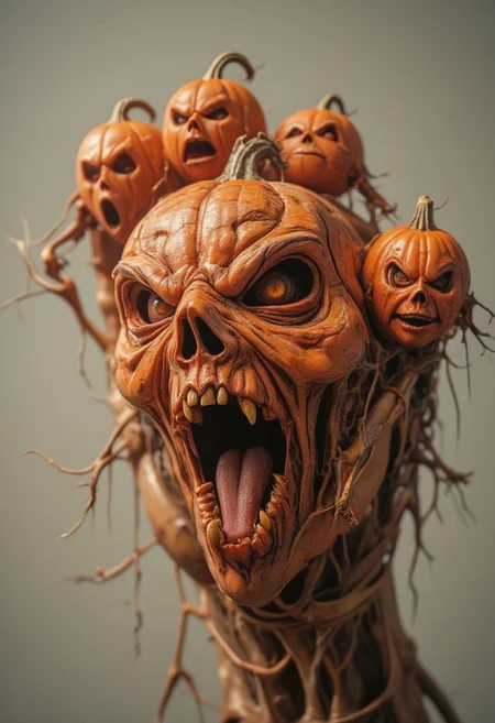 horror show, monster, nightmare, fear,
Make this AI image prompt much more HALOWEEN themed "A closeup of a human hand each finger shaped like screaming halloween pumpkin.The mouths have detailed features including lips teeth tongues with each fingers showing different expressions: smile frown surprise pout whistling." The background is neutral and simple, drawing full attention to the bizarre and unsettling hand. Keep it funny and cute.