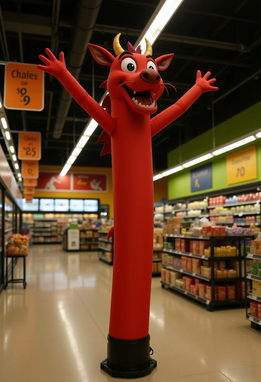 The image is a photograph of a very tall, inflatable Mushu, with wavy raised arms in a detailed supermarket setting. Rendered in the highest quality,