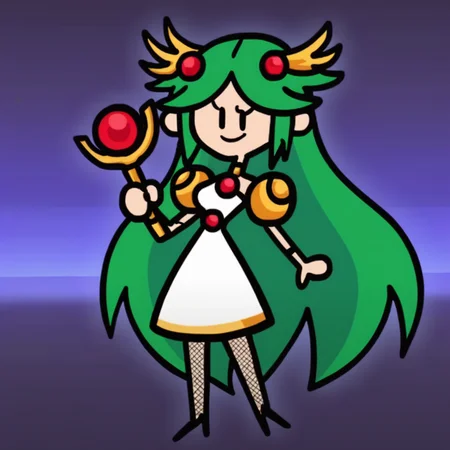 score_9, score_8_up, score_7_up, score_6_up, score_5_up, score_4_up, source_anime, terminalmontage, woman, solid color background, very long green hair, white dress with red trim, gold hair ornament, fishnet leggings, holding a flail, smiling, humanoid<lora:PD Terminalmontage Style:0.8>