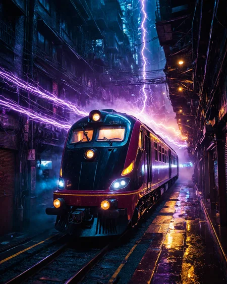 a scifi futuristic concept steam locomotive, curvy and aerodynamic, Kowloon walled city narrow winding alleyway, light speed, flash, heavy rain, motion trail, a shining star(sun) in the background, (speed lines:1.1), (motion blur:1.1), high contrast, deep focus, TRON, style by Ridley Scott, Cyberpunk 2077, Bladerunner, fog, mist, epic visual effects, arc lightning, underglow, interstellar, flow, detailed, scifi, extremely detailed textures, star blast, dark vibrant colors, cosmic art, stars in background, headlights, cinematic scene, lens flare, cinematic color grading, film still, god rays, glow, art of Doug Chiang and John Park glowneon, fuji cinestill, light leak, glowing, sparks, lightning, ultra detailed  <lora:add-detail-xl:2>, dramatic lighting  <lora:blacklight_makeup_v2:1> ultraviolet blacklight reactive paint, powerlines, catwalks, alleyway  <lora:SDS_Contrast tool_XL:0.8>