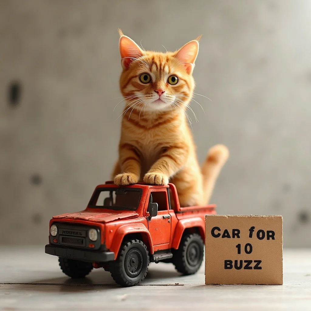 The image shows an orange tabby cat standing on top of a small toy truck, the cat is sitting on back of truck looks like riding it , toy car şs big enough to fit the cat, The cat is looking directly at the camera with a curious expression. Next to small toy car there is cardboard with text "car for 10 buzz", overall image is funny and looks like meme on internet
