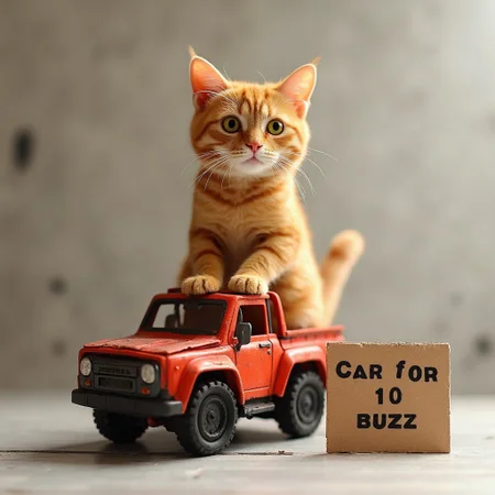 The image shows an orange tabby cat standing on top of a small toy truck, the cat is sitting on back of truck looks like riding it , toy car şs big enough to fit the cat, The cat is looking directly at the camera with a curious expression. Next to small toy car there is cardboard with text "car for 10 buzz", overall image is funny and looks like meme on internet