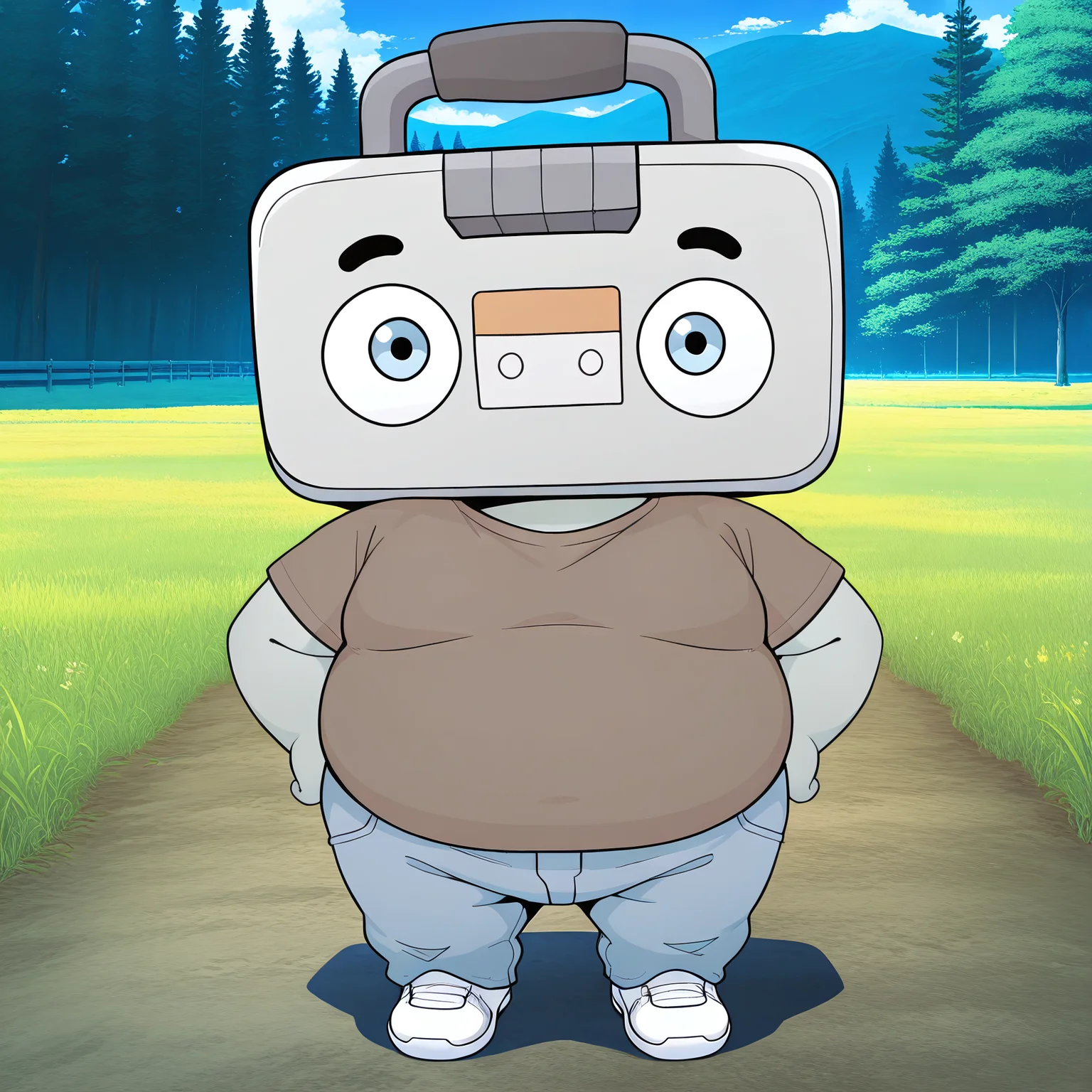 masterpiece, best quality, detailed, official art, solo, juke, male, 1boy, plump, no humans, black eyebrows, grey skin, grey body, short, light blue eyes, young, plump, fat, short, boombox head, brown shirt, jeans, white shoes, standing, looking at viewer, happy, outdoors,