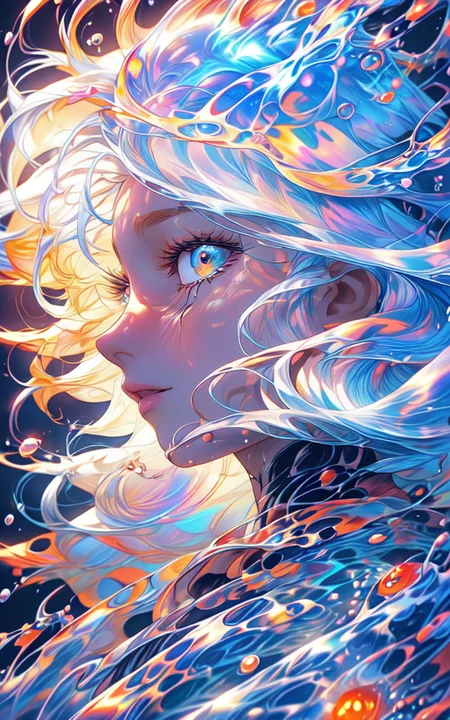 one dragon girl,(1girl:1.1),(solo:1.1),(white_hair:1.1),long hair,beautiful_face,clear sky,(glowing:1.3),(floating hair:1.1),front view,(upper body:1.3),close-up,(sun light:1.2),water drop,big eyes,beautiful eye,multicolored eyes,(light_background:1.3),(praying:0.9),colorful_bubble,official art,unity 8k wallpaper,ultra_detailed,beatiful and aesthetic,beautiful,masterpiece,best quality,8k,insane detail,hyper detailed,high detailed,(ResplendentLight:0.9),,,,,<lora:ResplendentLight_20231025134205:0.9>,<lora:LCM_LoRA_Weights_SD15:1>,<lora:SyFyEye1_XL_v1.0:1>,<lora:add_detail:1>