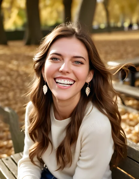 In a vibrant, sunlit park teeming with the laughter of children and rustling leaves, M4RY3W, a radiant woman with long, brown hair adorned by sparkling earrings, is seated on a weathered wooden bench. Her smile, showcasing her pearly white teeth, beams directly at the viewer, her eyes twinkling with joy and warmth. The camera angles from slightly above, capturing not only her captivating grin but also the playful energy of the surrounding environment, creating a striking, engaging portrait that evokes a sense of happiness and connection.