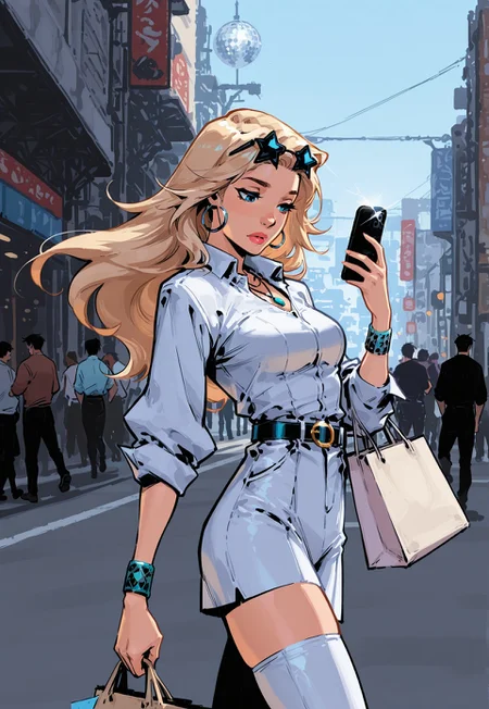 1girl, solo, detailed eyes, detailed face, Dazzler, blue eyes, long hair, multicolored hair, blonde hair, pink streaked hair, lean body, medium breasts, pink lips, lipstick, 
BREAK 
(white dress, long shirt, shirt dress), white thigh boots, shopping bag, high fashion, lots of accessories, lots of clothing details, stunning fashion sense, (star-shaped eyewear, eyewear on head), glint, bracelets, loose belts, multiple necklaces, disco ball earrings, 
BREAK
dynamic angle, casual, pose, head tilt, holding one smartphone, looking down at phone, texting, mid-stride, 
BREAK
outdoors, day, blue skies, people, crowded street, detailed background
BREAK
(safe_pos, fine texture, masterpiece, ultra-detailed, very aesthetic, absurdres, volumetric lighting, scenery, newest, absolutely eye-catching, vibrant, rating_explicit), klskx, MythAn1m3, 
BREAK.