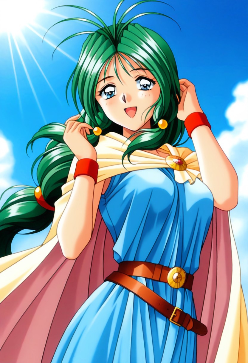 masterpiece, best quality, amazing quality, very aesthetic, high resolution, 1girl, cowboy shot, anime-style, digital art, high resolution, cute girl, smiling, sunlight, bright, clear sky, blue sky, clouds, daytime, outdoor, wind blowing her hair, dynamic pose, cheerful mood, light reflections, detailed background, high quality, beautiful, attractive, light rays, bright lighting, sky, joyful, happy, energetic, bright atmosphere, detailed shading, anime aesthetics, vibrant, lively, braid, jewelry, belt, cape, blue dress, wristband, retro artstyle, 1990s \(style\), 
clairemm, blue eyes, green hair, antenna hair, long hair, low-tied long hair, hair bobbles, medium breasts, mature female,
