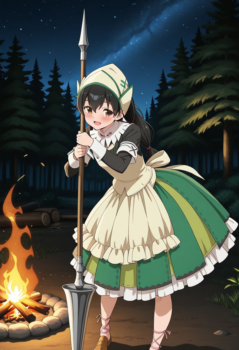 masterpiece,anime_coloring,anime_clothing,amazing_quality,1girl,black_hair,long_hair,Helper_clothes, apron, green dress, long sleeves, dress, frilled apron, head scarf, waist apron, puffy sleeves, cross-laced footwear, brown footwear ,solo,blush cheek,smile,open mouth,close-up face,weapon_on_back,lance,polearm,Night forest, bonfire,POV solo focus,standing,resting, night sky, stars,