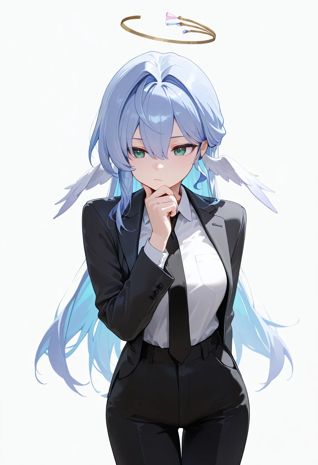 masterpiece,best quality,amazing quality, absurdres, <lora:robin_honkai_star_rail_ilxl_goofy:0.8>robinHSR,green eyes,blue hair,hair intake,hair between eyes, colored inner hair, halo, 1girl, black necktie, black pants, business suit, formal clothes, hair between eyes, hair intakes, hand on own chin, high-waist pants, necktie, pants, shirt tucked in, simple background, suit, white background