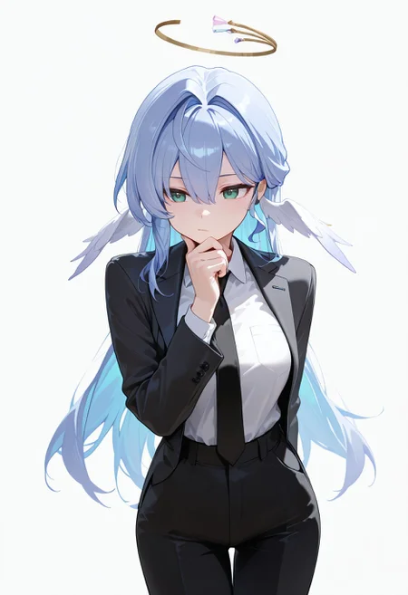 masterpiece,best quality,amazing quality, absurdres, <lora:robin_honkai_star_rail_ilxl_goofy:0.8>robinHSR,green eyes,blue hair,hair intake,hair between eyes, colored inner hair, halo, 1girl, black necktie, black pants, business suit, formal clothes, hair between eyes, hair intakes, hand on own chin, high-waist pants, necktie, pants, shirt tucked in, simple background, suit, white background