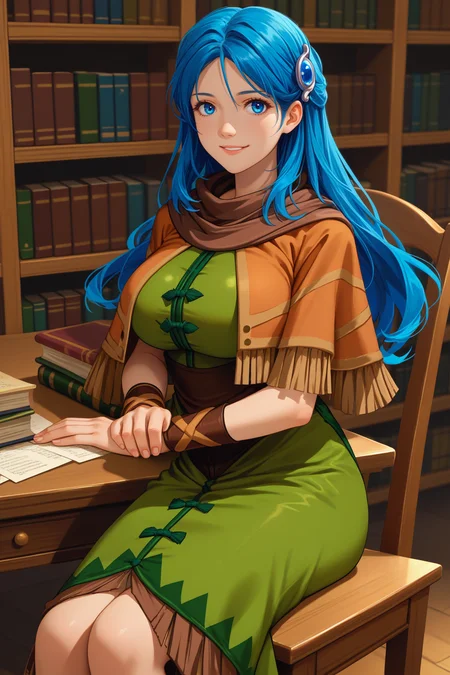 score_9, score_8_up, score_7_up, score_6_up, source_anime, 1girl, solo, <lora:ystia-pdxl-nvwls-v1-000005:1> ystia, blue hair, long hair, blue eyes, hair ornament, brown capelet, brown scarf, green and brown dress, bracelet, breasts, boots, big breasts, sitting, chair, desk, indoors, bookshelf, looking at you, smile