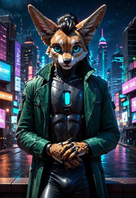 score_9, score_8_up, score_7_up, score_6_up, photorealistic, epiCPhotoGasm-colorfulPhoto, Realistic, highres, super high resolution, 8k, photo, furry, Furry, anthro, fur, male, fennec, brown fur, implanted eyes, robot face, robot face, he has silver plate on the head,  implanted forehead, blue glowing eyes, metal head, silver forehead, metal eyes, sad, long black hair gathered in a long ponytail, ponytail, the sides of the head are clean-shaven, black hair, metallic head, silver thin helmet, metal face, he has implanted face, close-up, long dark green thick coat, green coat,  black leather shirt, black tight pants, long black hair, implants, implant eye, robot, furry,  cyberpunk, night, cyber city, cyberpunk city, metallic eyes, metallic fur, robot, thin body, night, city, cyberpunk city, cyberpunk, realistic, detailed, detailed fur,  he holding the hand of the viewer, holding viewer hand,