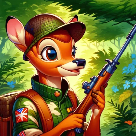 score_9, score_8_up, score_7_up, 1girl, , anthro deer, bambi, masterpiece, in a forest, wearing green camo hunter clothes, camo hunter hat, upper body, holding rifle, happy