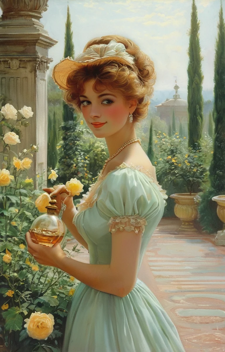 masterpiece,best quality,<lora:tbh362-sdxl:0.6>,illustration,style of  Vittorio Reggianini, A bottle of perfume in garden