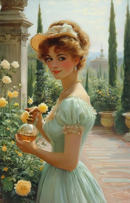 masterpiece,best quality,<lora:tbh362-sdxl:0.6>,illustration,style of Vittorio Reggianini, A bottle of perfume in garden