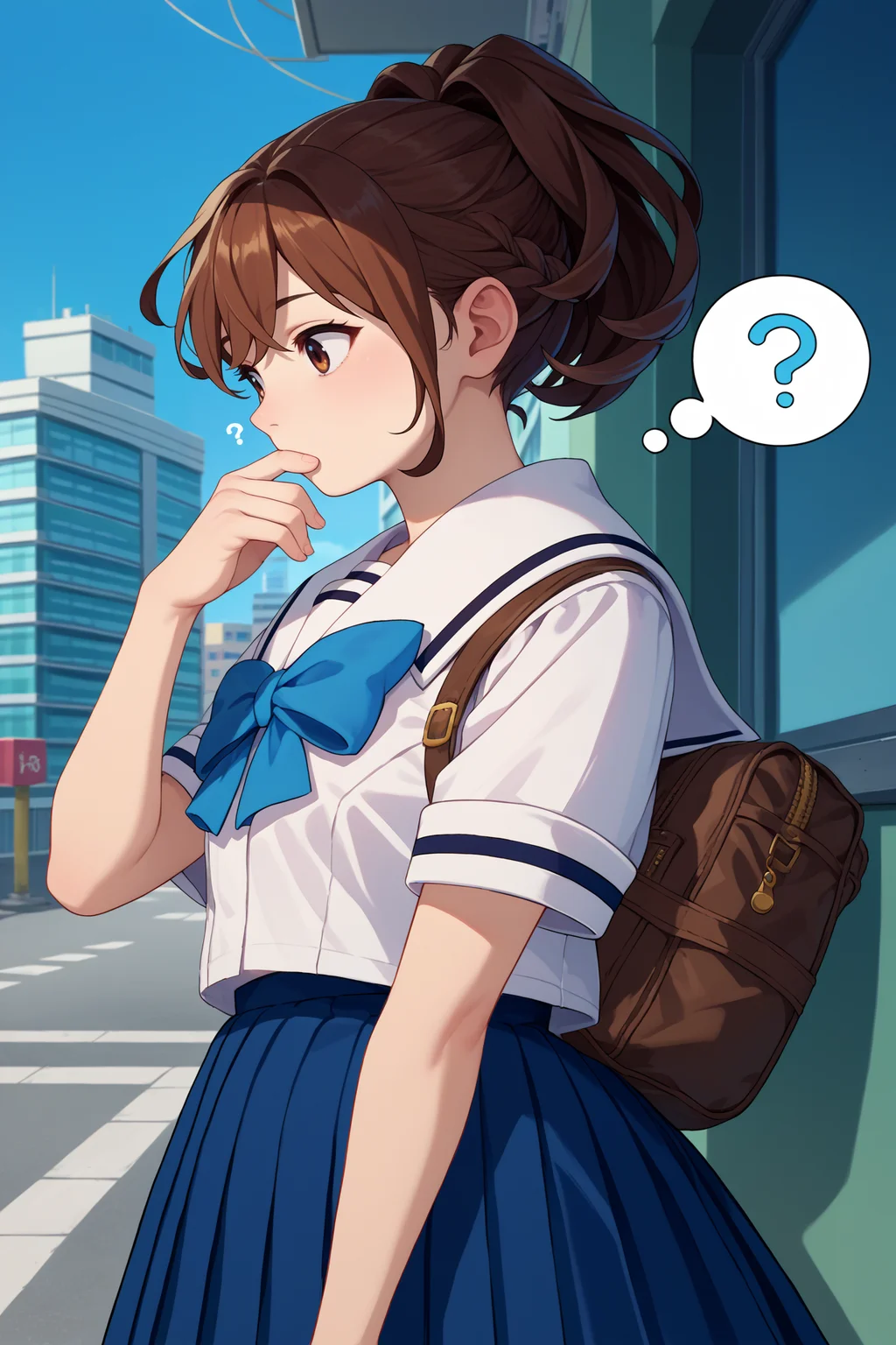 score_9, score_8_up, score_7_up, score_6_up, source_anime, 1girl, solo, <lora:rnakiho-pdxl-nvwls-v1-000005:1> rnAkiho, brown hair, ponytail, brown eyes, white shirt, short sleeves, white sailor collar, blue bow, pleated skirt, thinking, hand on own chin, thought bubble, question mark, city, blue sky