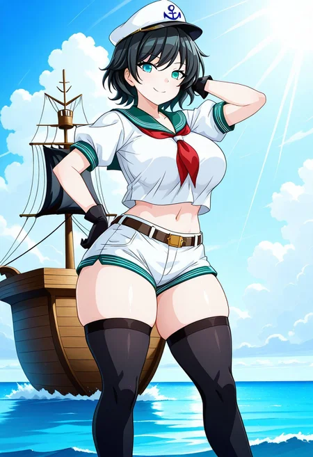 ((megamoo style)), ((outside)), ((pirate ship)), (ocean), ((clouds)), (daytime), 1girl, solo, standing, (posing), smile, ((murasa minamitsu)), (aqua eyes), (short hair), (black hair), ((big breasts)), looking at viewer, white sailor hat, sailor, white shorts, red neckerchief, ((black gloves)), (navel), legs, ((black thighhighs)), ((thick thighs))