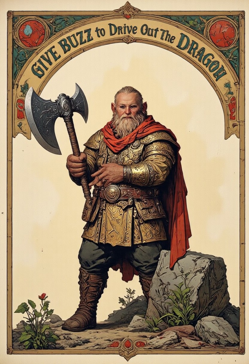 fantasy style illustration of a dwarf (dw@rf) By Phandigrams, holding a massive axe in a heroic stance looking at viewer. a banner at the top of the illustration in Medieval Text reads: "Give Buzz To Drive Out The Dragon!", medieval fantasy background, aidmatextimprover