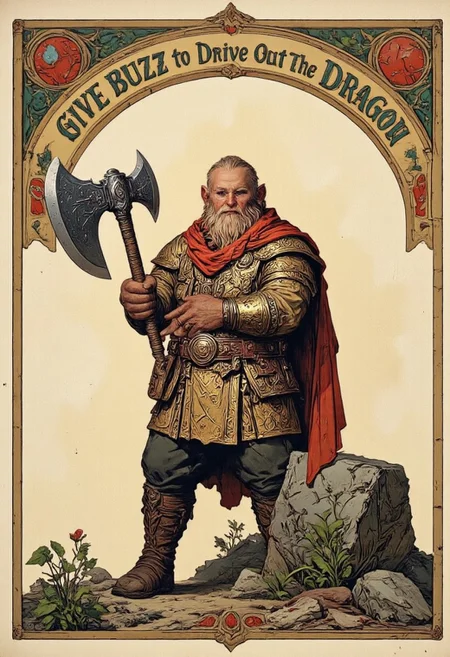 fantasy style illustration of a dwarf (dw@rf) By Phandigrams, holding a massive axe in a heroic stance looking at viewer. a banner at the top of the illustration in Medieval Text reads: "Give Buzz To Drive Out The Dragon!", medieval fantasy background, aidmatextimprover