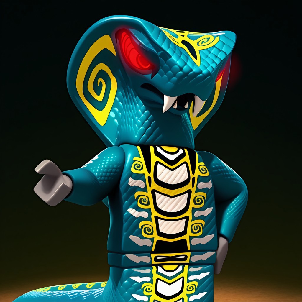 Skales, Hypnobrai, serpentine, snake, small mouth, cobra hood, yellow spirals on hood, teal scales, white yellow light grey and black body markings, head markings, body markings, long tail, very long tail, tail markings, no legs, apode, grey hands, fangs, red glowing eyes, dark red pupils, spirals in eyes, dark eye liner, pointed teeth, 2 fangs, short neck, solo, male, 1boy, no humans, 3D, volumetric lighting, perfect lighting, detailed scales, shiny scales, masterpiece, best quality, amazing quality, very aesthetic, absurdres, newest, high quality, hand on hip, unamused, half lidded eyes, annoyed, looking at viewer, abstract background, close up, bust, photo, posing