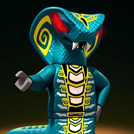 Skales, Hypnobrai, serpentine, snake, small mouth, cobra hood, yellow spirals on hood, teal scales, white yellow light grey and black body markings, head markings, body markings, long tail, very long tail, tail markings, no legs, apode, grey hands, fangs, red glowing eyes, dark red pupils, spirals in eyes, dark eye liner, pointed teeth, 2 fangs, short neck, solo, male, 1boy, no humans, 3D, volumetric lighting, perfect lighting, detailed scales, shiny scales, masterpiece, best quality, amazing quality, very aesthetic, absurdres, newest, high quality, hand on hip, unamused, half lidded eyes, annoyed, looking at viewer, abstract background, close up, bust, photo, posing
