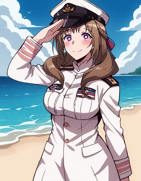 score_9, score_8_up, score_7_up, source_anime, <lora:mamako-oosuki-s1-ponyxl-lora-nochekaiser:1>, mamako oosuki, long hair, brown hair, purple eyes, hair ribbon, braid, bright pupils, french braid, white pupils, large breasts,, <lora:kancolle-admiral-cosplay-ponyxl-lora-nochekaiser:1>, kancolle admiral cosplay, admiral (kancolle) (cosplay), naval uniform, cosplay, military uniform, military, peaked cap,, beach, salute, blush, smile, cowboy shot, looking at viewer,