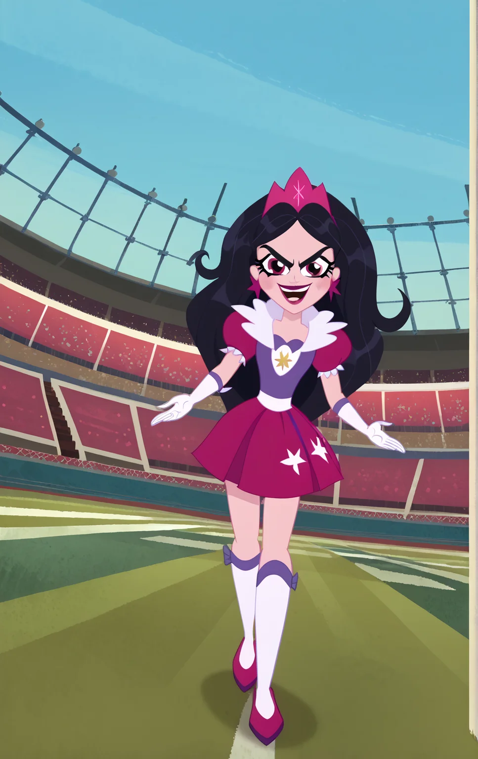 ((score_9)), score_8_up, ((high quality)), ((masterpiece)) BREAK
  DCSG Style, CarolF, Star Sapphire, black hair, evil smile, looking at viewer, good anatomy, five fingered hands, football field background, (dynamic angle)<lora:DC_Superhero_Girls_2019:0.8>,<lora:pony_good_hands:0.8>
