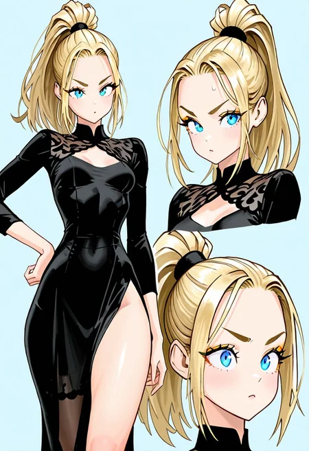 yusuke_murata_style, (masterpiece), best quality, high detail, expressive eyes, detailed eyes, perfect face, beutiful face, 1girl, solo, solo focus, D4rc1M4s0n, blue eyes, black eyebrows, eyebrows a little thick, light brown eyeliner, blonde hair, makeup, blonde ponytail, long ponytail, small breasts, small waist, thighs, black dress, one hand on hip, standing, close up, simple background, light blue background,