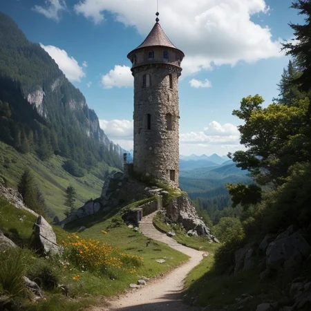 realistic analog photo, award winning photo, vary wide shot of magic stone witow tower on a Mountain peak, (Military watchtower), scenery, fantasy, Mountain top, path, nature, outdoors, RAW, highres, 8k, uhd, High Dynamic Range, tonemapping, crisp details,