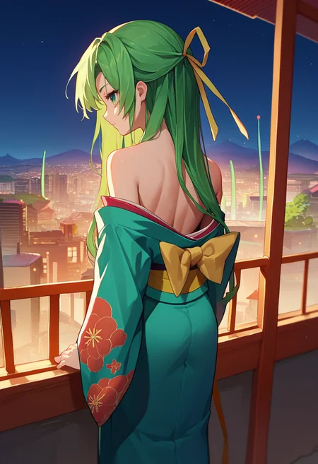 score_9, score_8_up, score_7_up, source_anime, 1girl, ShiRND, green hair, long hair, green eyes, hair ribbon, kimono, off shoulder, from behind, cityscape, night, <lora:Shion DORA test-000009:1>
