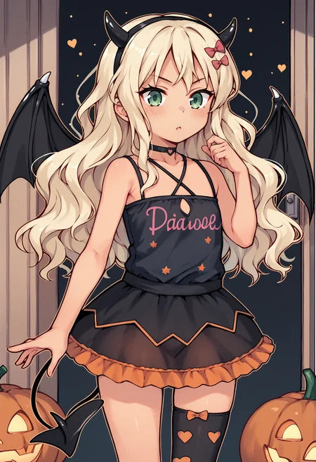 score_9, score_8_up, score_7_up, score_6_up, score_5_up, score_4_up, BREAK, cowboy shot, indoors, standing, 
<lora:grecalev1:1>, grecalekc, blonde hair, green eyes, hair bow, tan, grecalehalloween, long hair, wavy hair, halloween costume, black camisole, black skirt, choker, demon wings, demon tail, fake horns, single thighhigh, black footwear, heart print, clothes writing,