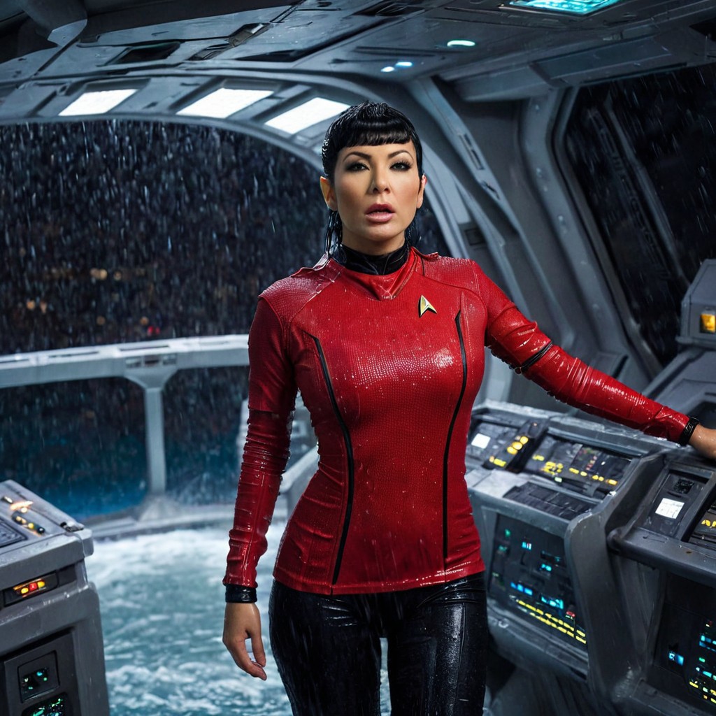 score_9, score_8_up, score_7_up, source_real, source_photo. 1girl,  masterpiece, high quality,  alone, solo,, Star Trek, sexy , red short "Star Trek uniform"  wet black hair, inside spaceship bridge, wearing (tight) starfleet uniforms, , wet clothes, mole under mouth, facing viewer,  rain, water drop,  wet hair,