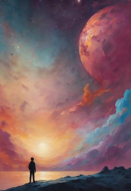 Hyper-detailed silhouette art, illustration of a little boy standing at the edge of the world looking out into the vast space, massive scale, moon, stars, planets, epic cinematography, with large visible brush strokes, astral patterns, starry night sky, style of Turner, Monet, Thomas Kinkade, brush strokes, oil painting, HDR, perfect composition, high contrast, atmospheric, moody, surrealism, volumetric lighting, volumetric shading, cosmic, sci-fi, candyland art, hyperrealistic hyperdetailed highly detailed, digital illustration, postmodernism, poster art, dynamic lighting, concept art, color depth, colorful background, intricate details, HDR, Salvador Dali matte background melting oil on canva