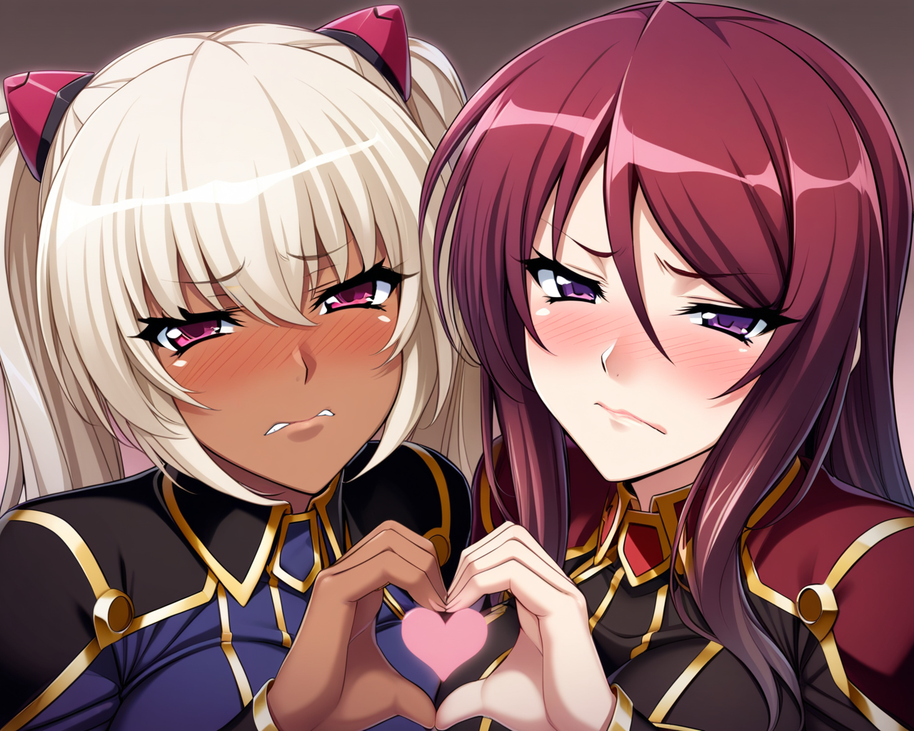 KilaKushan, BeatriceKushan, 2girls, upper body, heart hands duo, dark-skinned female, cheek-to-cheek, symmetrical_docking, bk's uniform, kk's uniform, embarrassed, looking at viewer, scowl, biting own lip, blush, gradient background, (red lips:0.8), (white lips:1.1), pink hairclips, height difference, 
best quality, masterpiece, very aesthetic, absurdres, <lora:Bea&KilaKushan-anxl31:0.6>,