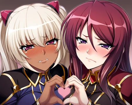 KilaKushan, BeatriceKushan, 2girls, upper body, heart hands duo, dark-skinned female, cheek-to-cheek, symmetrical_docking, bk's uniform, kk's uniform, embarrassed, looking at viewer, scowl, biting own lip, blush, gradient background, (red lips:0.8), (white lips:1.1), pink hairclips, height difference,
best quality, masterpiece, very aesthetic, absurdres, <lora:Bea&KilaKushan-anxl31:0.6>,