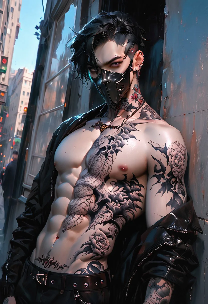 score_9, score_8_up, score_7_up, masterpiece, ultra-realistic 8k, (best quality), (lots of details), (intricate details), cowboy shot, perfect male painting, detailed painting, inrticate, realistic skin, ((1 adult man)), gay, goth, perfect male breasts, masculine, (muscular:0.5), (completely tattooed:1.8), detailed and beautiful tattoos, black hair, short hair, bare chest, black long sleeve jacket, leather pants, piercing, (wolf mask), looking at viewer, long eyelashes, city street, dutch angle, g0thicPXL, Expressiveh, breast focus