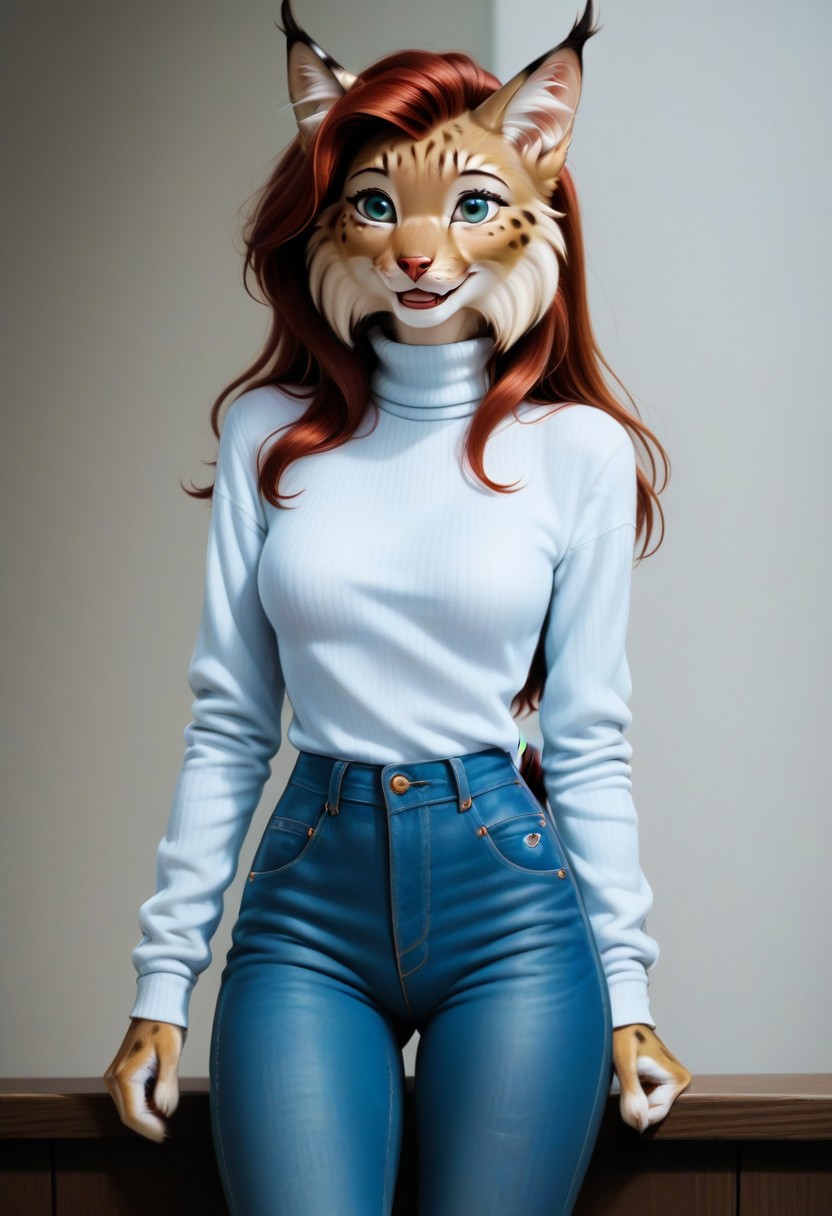 digital_media_(artwork) hi_res, score_9, score_8_up, score_7_up, score_6_up, source_furry, rating_safe, anthro, furry, female, furry female, detailed textured fur, fur tufts, lynx, red hair, blonde brown fur, spots, beautiful blue eyes, medium breasts, covered breasts, slim, slender, turtleneck sweater, denim jeans, smile, SFW,