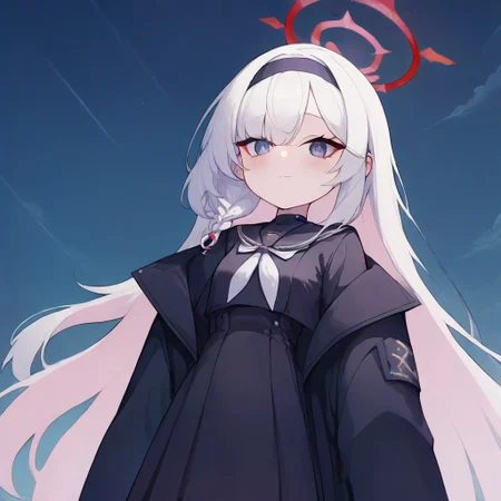 score_9, score_8_up, score_7_up, source_anime, anime screencap, masterpiece, expressive eyes, perfect face, night time, {plana, blue archive plana, halo, white hair, long hair, black sailor shirt, black skirt}, small breasts, from below