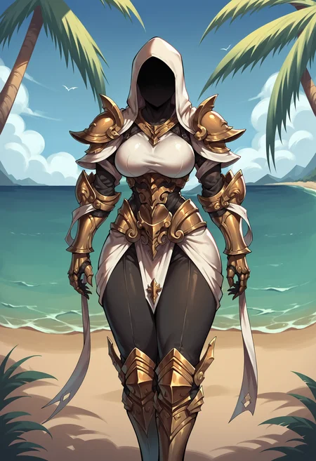 score_9, score_8_up, score_7_up, score_6_up, score_5_up, score_4_up, <lora:Auriel:0.8> 1girl, large breasts, thick thighs, armor, hood, hood up, faceless, shoulder armor, gauntlets, upper body, front view, looking at viewer,
beach background, ocean, palm trees,