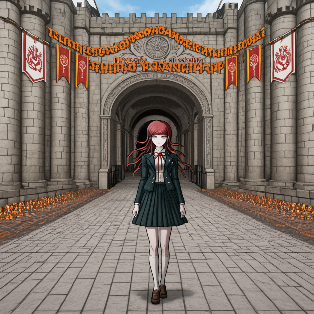 masterpiece, best quality, absurdres, <lora:Danganronpa_Locations:1>,  danganronpa sprite style, danganronpa_sprite_style , <lora:Ryoko_Otonashi:0.2>, danganronpa/zero, danganronpa_(series), otonashi_ryouko, 1girl, breasts, red_eyes,red_hair, grey_jacket grey_skirt, dress_shirt, white_shirt, jacket, kneehighs, loafers, long_hair, long_sleeves, neck_ribbon, open_clothes, open_jacket, pleated_skirt, red_ribbon, ribbon,school_uniform, shirt, shoes, skirt, socks, solo,white_socks , castle,tunnel,brick_wall,brick_floor,banners,pink_banners,white_banners,grey_stone,pillars,flagstone_floor,archway,gate,castle_gate,tower,castle_tower,cobblestone_street,cartoon_style,castle_decorations,pink_decorations,orange_decorations,festive_decorations,banner_decorations,large_gate,medieval_architecture,stone_architecture,danganronpa,danganronpa_(series),danganronpa_2:_goodbye_despair,danganronpa 2,danganronpa sprite style,danganronpa_sprite_style