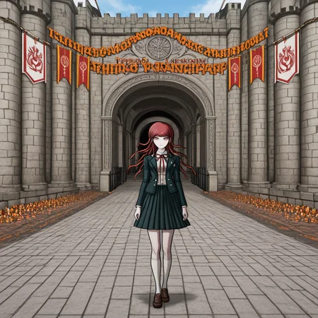 masterpiece, best quality, absurdres, <lora:Danganronpa_Locations:1>, danganronpa sprite style, danganronpa_sprite_style , <lora:Ryoko_Otonashi:0.2>, danganronpa/zero, danganronpa_(series), otonashi_ryouko, 1girl, breasts, red_eyes,red_hair, grey_jacket grey_skirt, dress_shirt, white_shirt, jacket, kneehighs, loafers, long_hair, long_sleeves, neck_ribbon, open_clothes, open_jacket, pleated_skirt, red_ribbon, ribbon,school_uniform, shirt, shoes, skirt, socks, solo,white_socks , castle,tunnel,brick_wall,brick_floor,banners,pink_banners,white_banners,grey_stone,pillars,flagstone_floor,archway,gate,castle_gate,tower,castle_tower,cobblestone_street,cartoon_style,castle_decorations,pink_decorations,orange_decorations,festive_decorations,banner_decorations,large_gate,medieval_architecture,stone_architecture,danganronpa,danganronpa_(series),danganronpa_2:_goodbye_despair,danganronpa 2,danganronpa sprite style,danganronpa_sprite_style