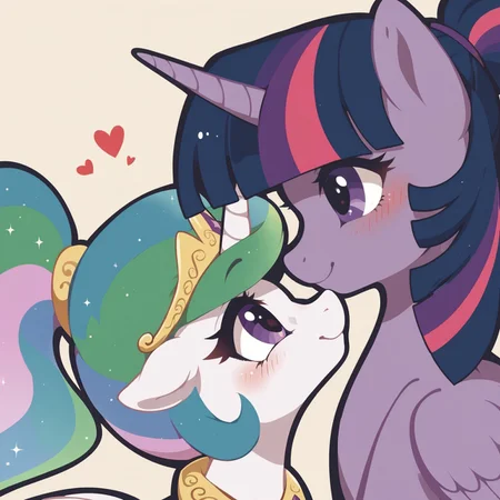 safe_pos, safe_pos, score_9, score_8_up, score_7_up, score_6_up, score_5_up, score_4_up, (thick outline: 1.0) princess celestia, twilight sparkle, alicorn, cute, female, lesbian, looking at each other, mare, mare on mare, ponytail, hug, duo, (colored wingtips), love, blushing, boop, sunny, outdoors, ((close-up))