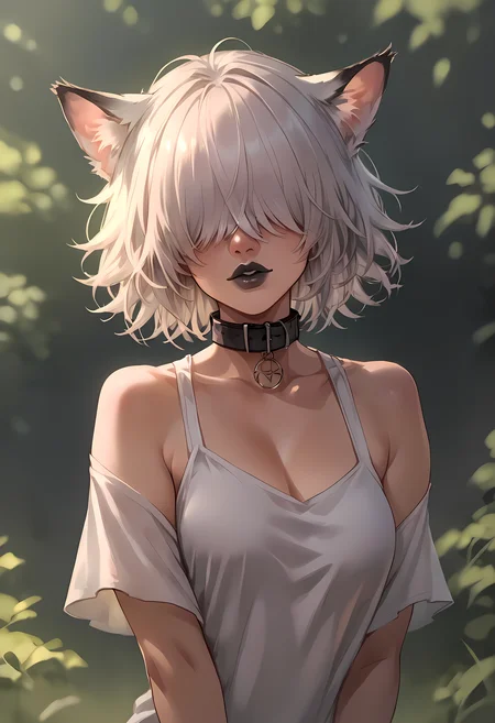zPDXL, hi res
BREAK 1girl, catgirl, white hair, messy hair, hair covering eyes, hair over eyes, black lipstick, outside, sunlight, playing, joy, collar,
<lora:scoreSlider_ponyXL_v10:1> <lora:polki_ponyXL_v10:0.8>